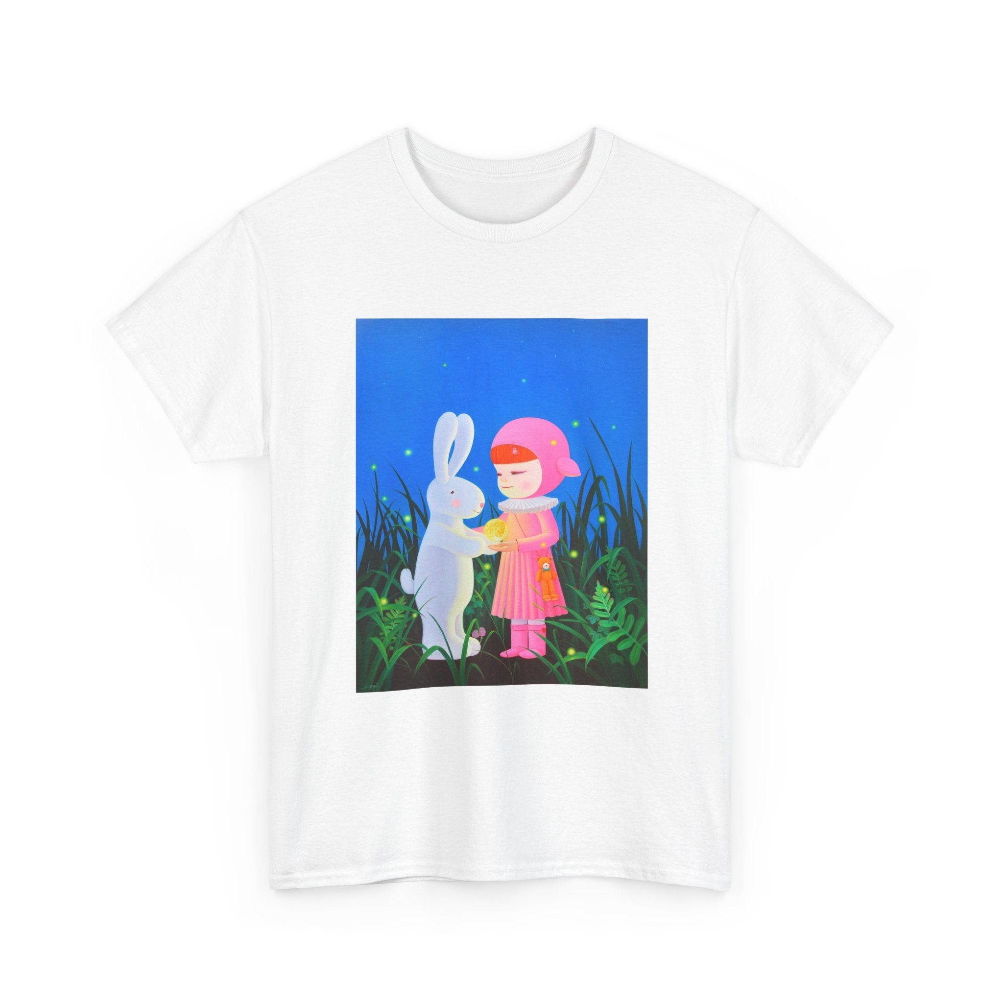 T-Shirt with Little Girl & Bunny , Tropical Art Tee for Nature Lovers, Gift for Adventurers, Casual Everyday Wear, Summer Style