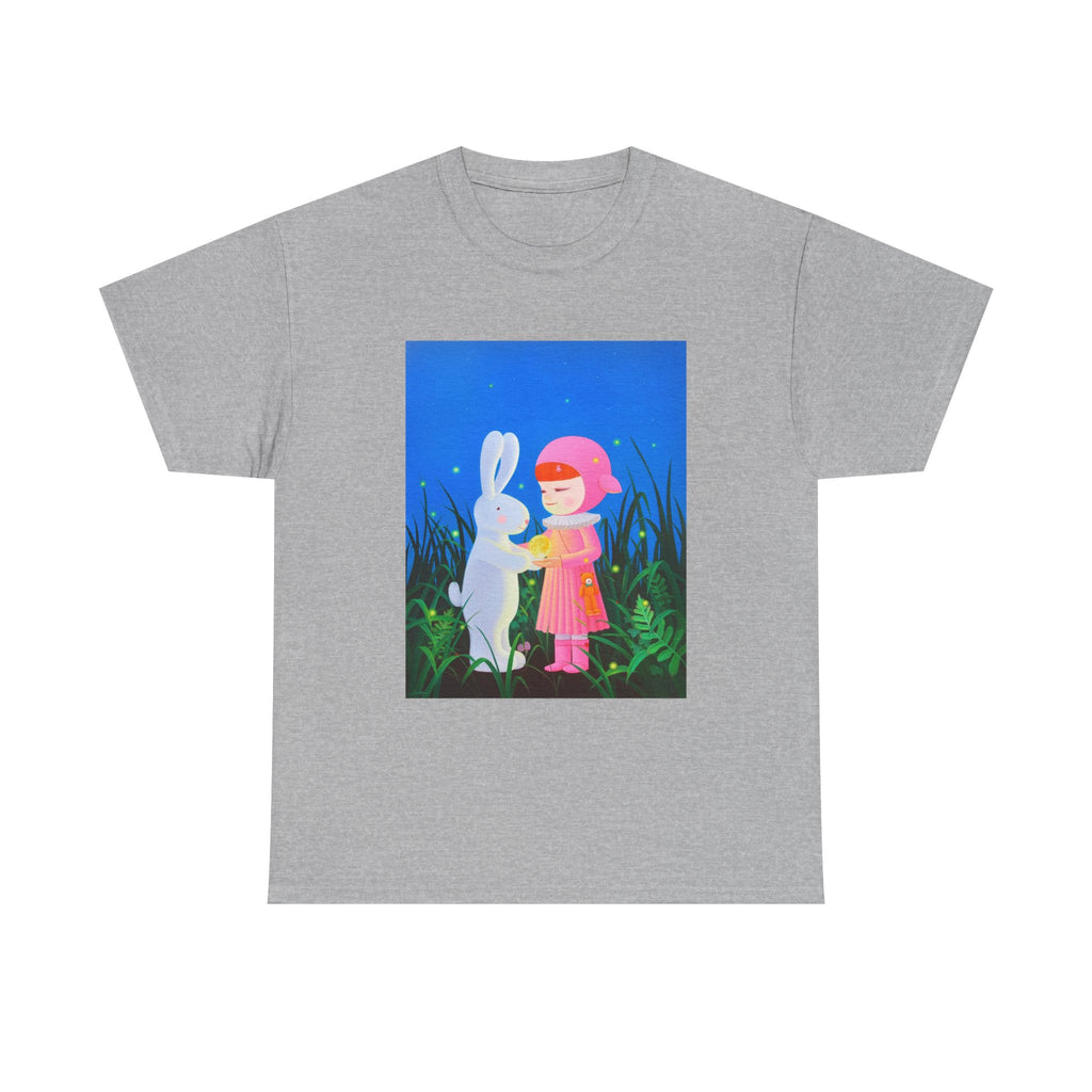 T-Shirt with Little Girl & Bunny , Tropical Art Tee for Nature Lovers, Gift for Adventurers, Casual Everyday Wear, Summer Style
