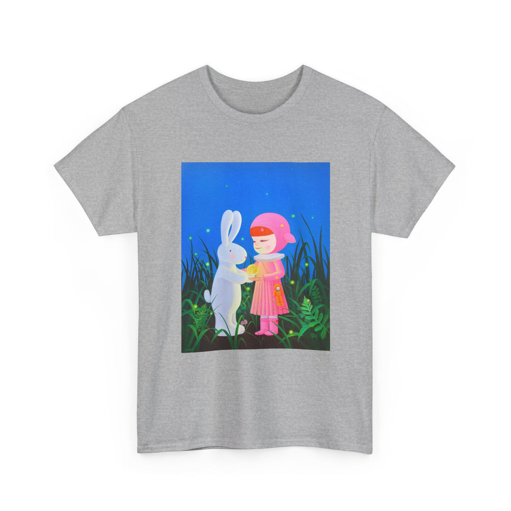 T-Shirt with Little Girl & Bunny , Tropical Art Tee for Nature Lovers, Gift for Adventurers, Casual Everyday Wear, Summer Style