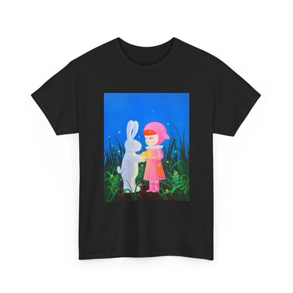 T-Shirt with Little Girl & Bunny , Tropical Art Tee for Nature Lovers, Gift for Adventurers, Casual Everyday Wear, Summer Style