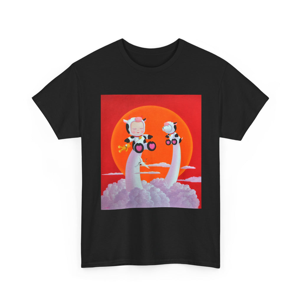 T-Shirt with Little Girl with The Cow, Tropical Art Tee for Nature Lovers, Gift for Adventurers, Casual Everyday Wear, Summer Style