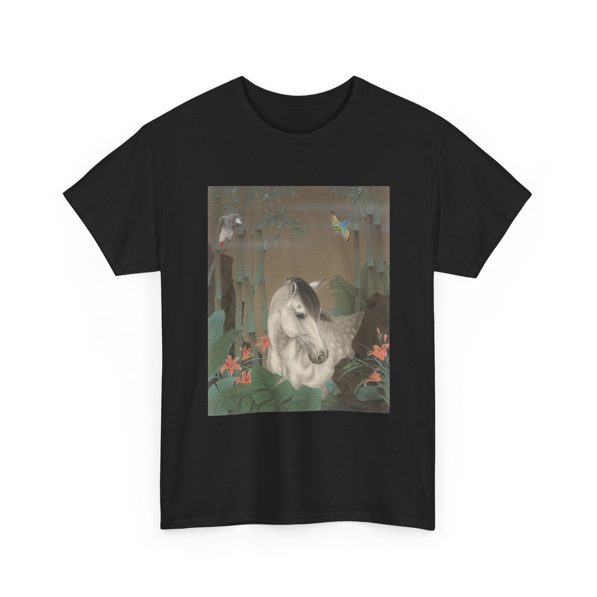 Horse in the Bamboo Forest Design, Tropical Art Tee for Nature Lovers, Gift for Adventurers, Casual Everyday Wear, Summer Style