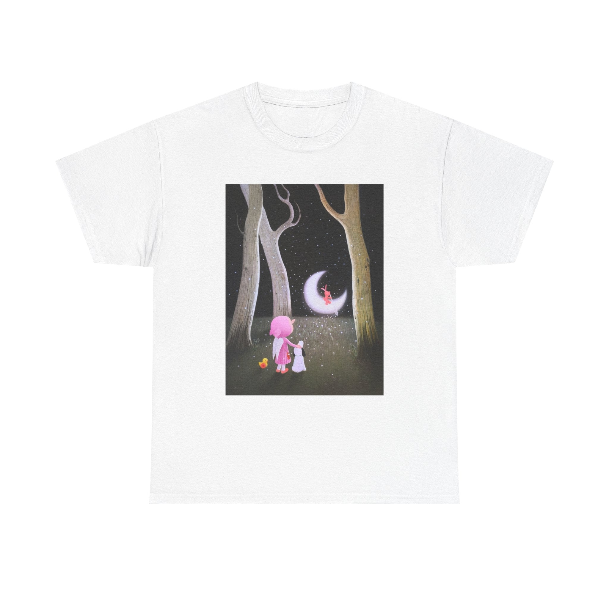 T-Shirt with Little Girl with the Moon, Tropical Art Tee for Nature Lovers, Gift for Adventurers, Casual Everyday Wear, Summer Style
