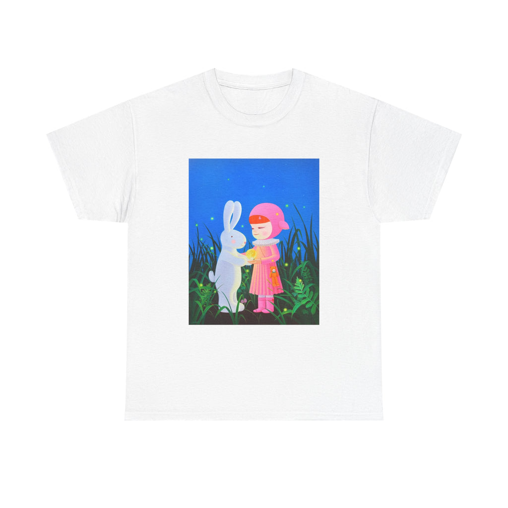 T-Shirt with Little Girl & Bunny , Tropical Art Tee for Nature Lovers, Gift for Adventurers, Casual Everyday Wear, Summer Style
