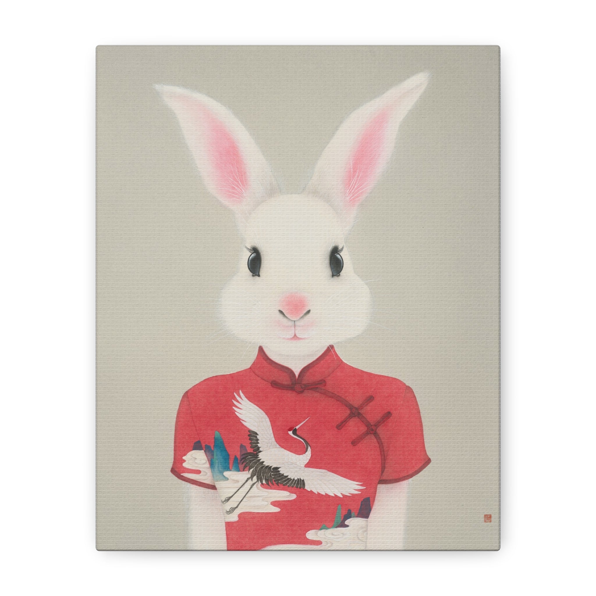 Chinese Qipao Rabbit with butterflies Chinese  Contemporary watercolor painting - Canvas Print