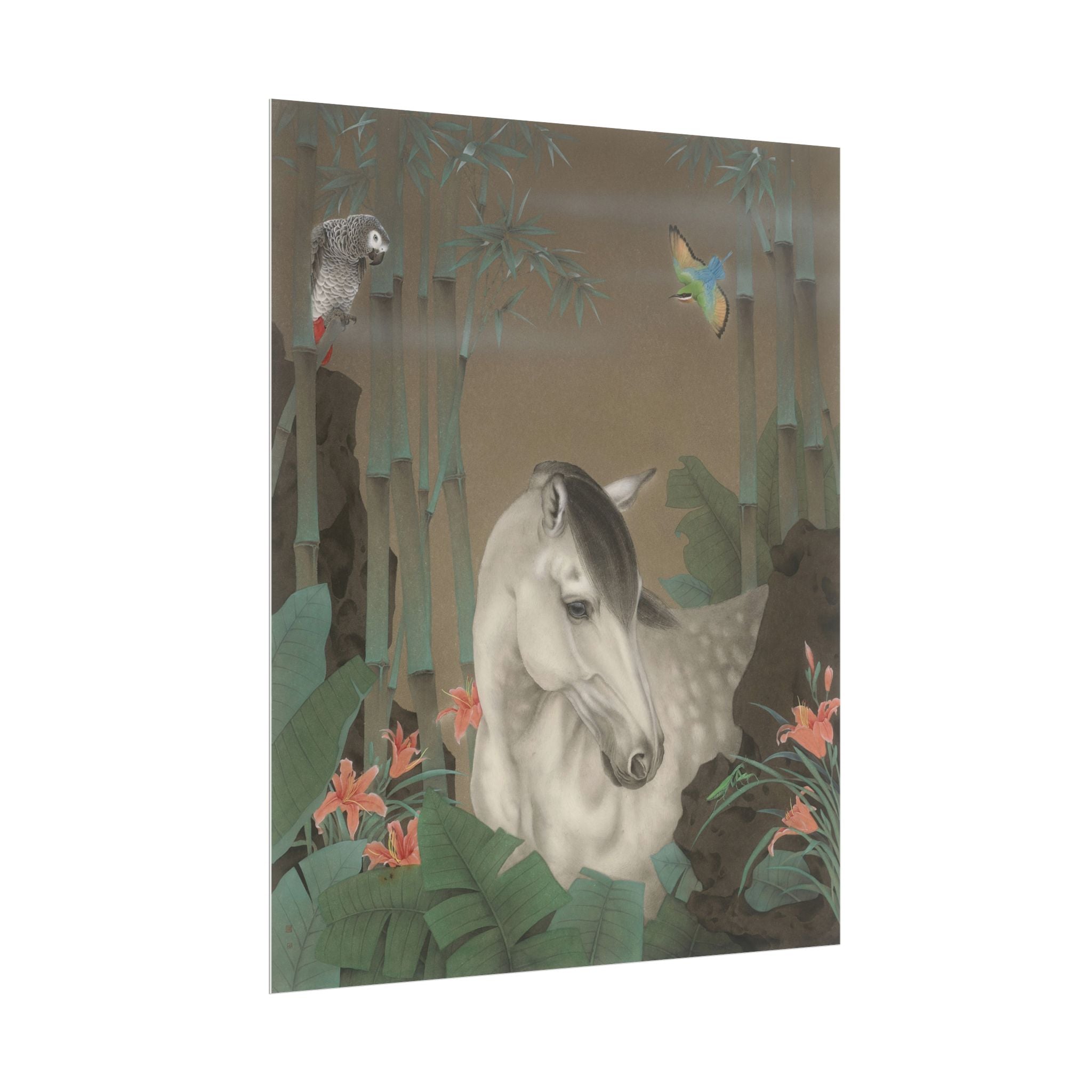 Horse in the Bamboo Forest Art Poster, Cute Animal Decor, Christmas Wall Art, Kids Room Decoration, Gift for Animal Lovers