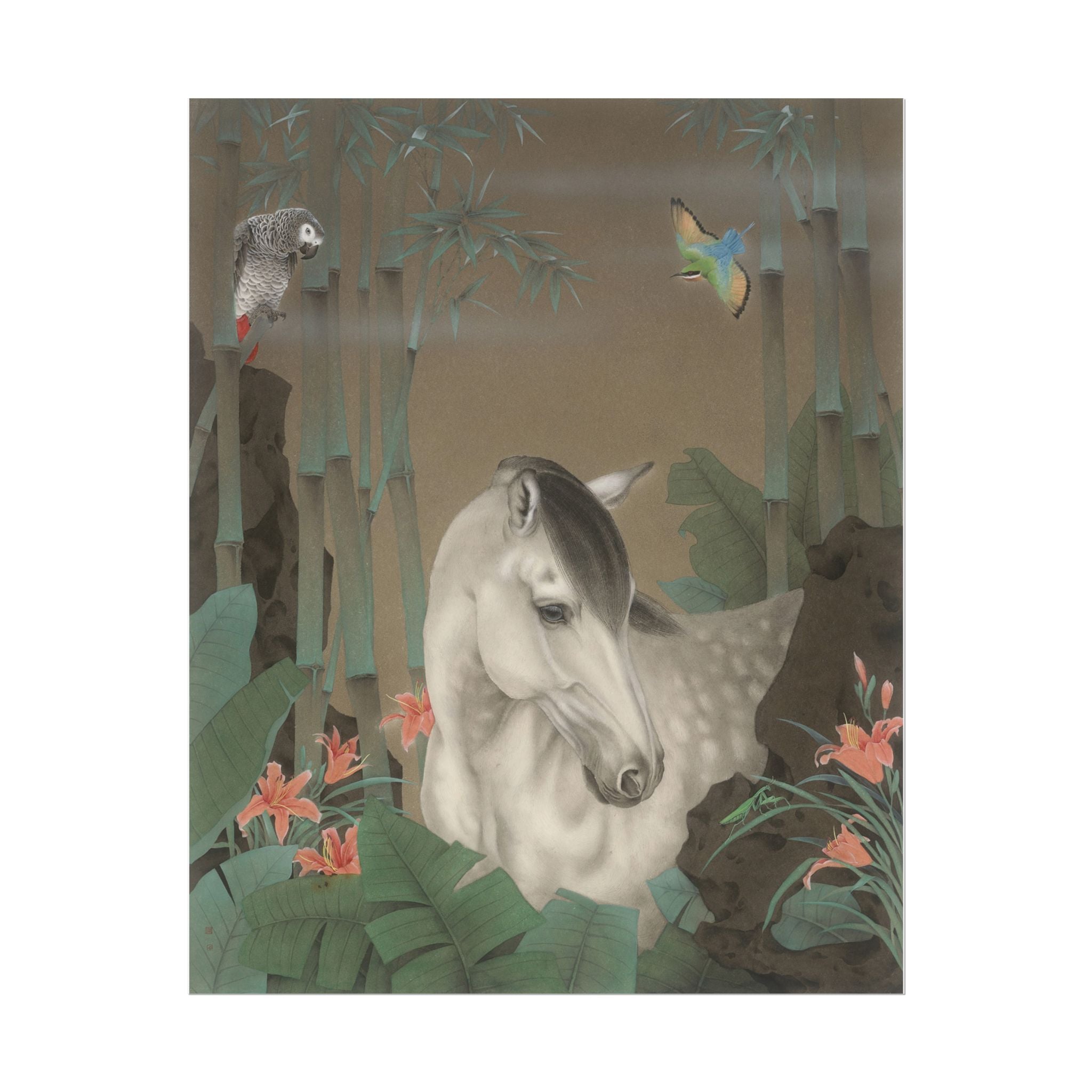 Horse in the Bamboo Forest Art Poster, Cute Animal Decor, Christmas Wall Art, Kids Room Decoration, Gift for Animal Lovers