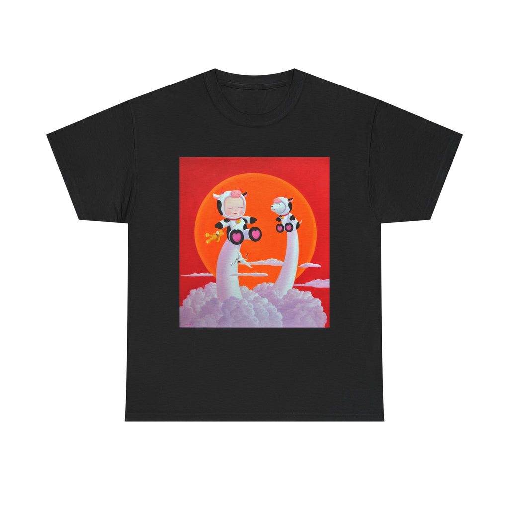 T-Shirt with Little Girl with The Cow, Tropical Art Tee for Nature Lovers, Gift for Adventurers, Casual Everyday Wear, Summer Style