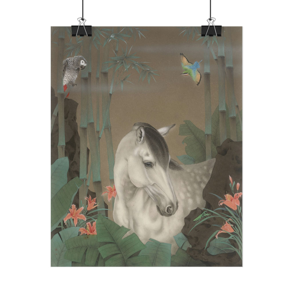 Horse in the Bamboo Forest Art Poster, Cute Animal Decor, Christmas Wall Art, Kids Room Decoration, Gift for Animal Lovers
