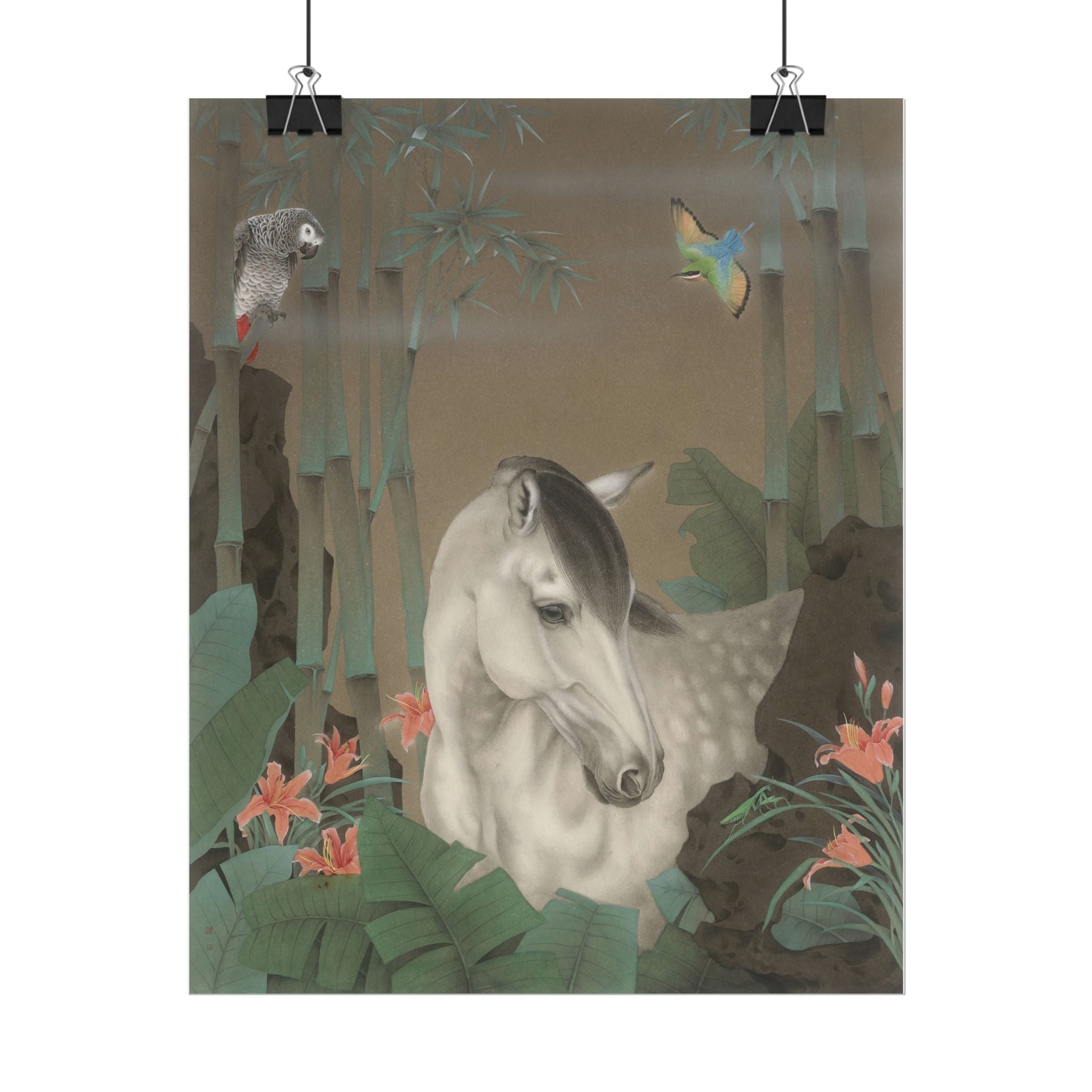 Horse in the Bamboo Forest Art Poster, Cute Animal Decor, Christmas Wall Art, Kids Room Decoration, Gift for Animal Lovers