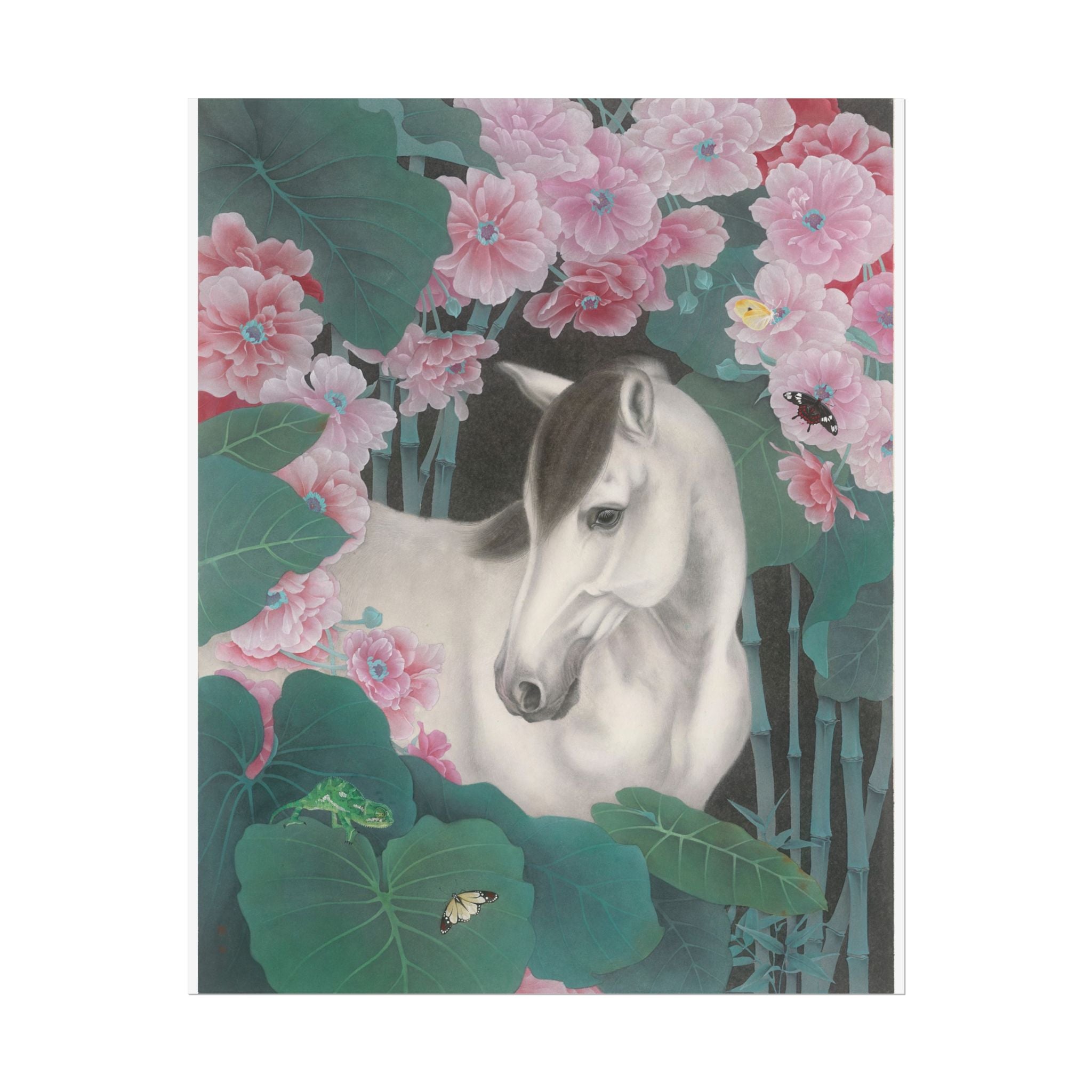 Horse in the Lotus Pond Art Poster, Cute Animal Decor, Christmas Wall Art, Kids Room Decoration, Gift for Animal Lovers