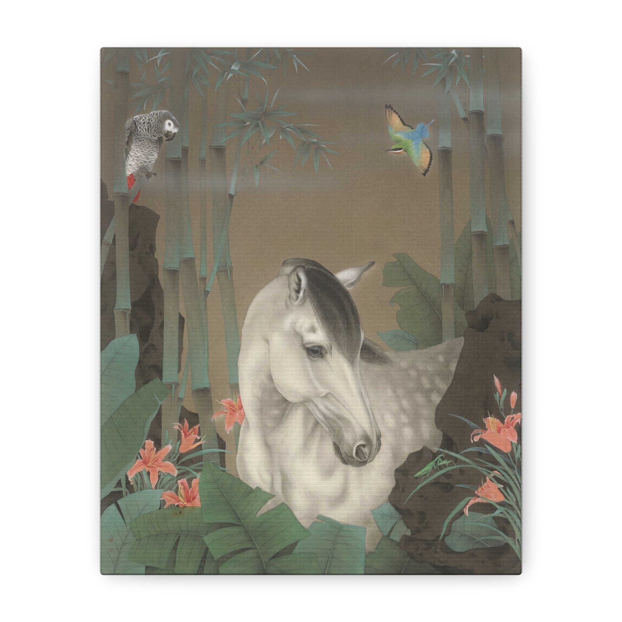 Horse in the Bamboo Forest -  Chinese  Contemporary watercolor painting - Canvas Print - Gift for year of Horse