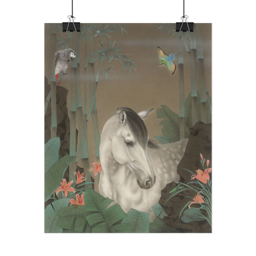 Horse in the Bamboo Forest Art Poster, Cute Animal Decor, Christmas Wall Art, Kids Room Decoration, Gift for Animal Lovers