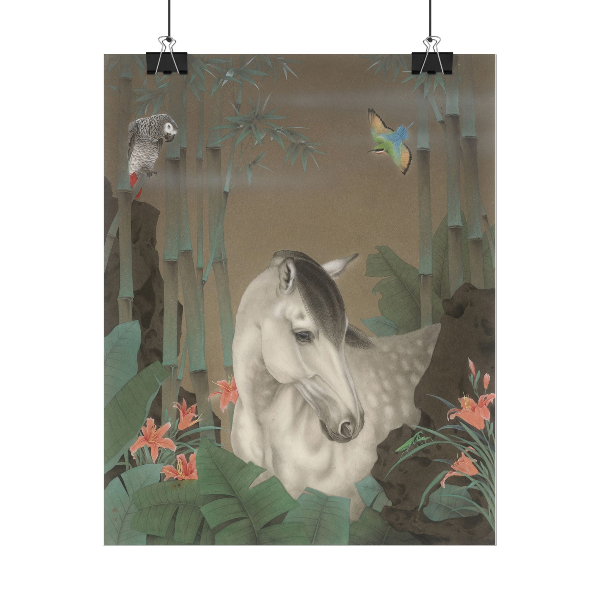 Horse in the Bamboo Forest Art Poster, Cute Animal Decor, Christmas Wall Art, Kids Room Decoration, Gift for Animal Lovers