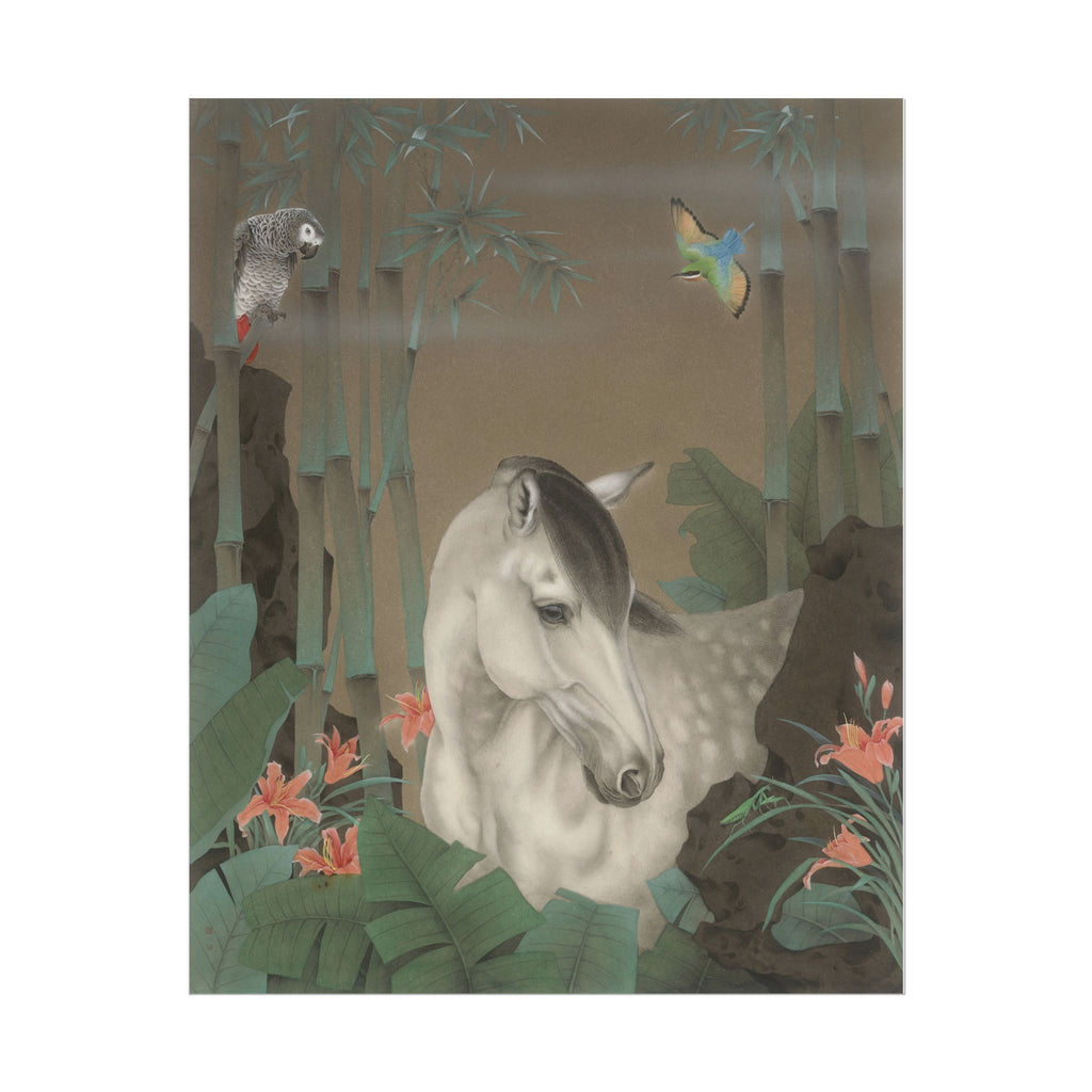 Horse in the Bamboo Forest Art Poster, Cute Animal Decor, Christmas Wall Art, Kids Room Decoration, Gift for Animal Lovers