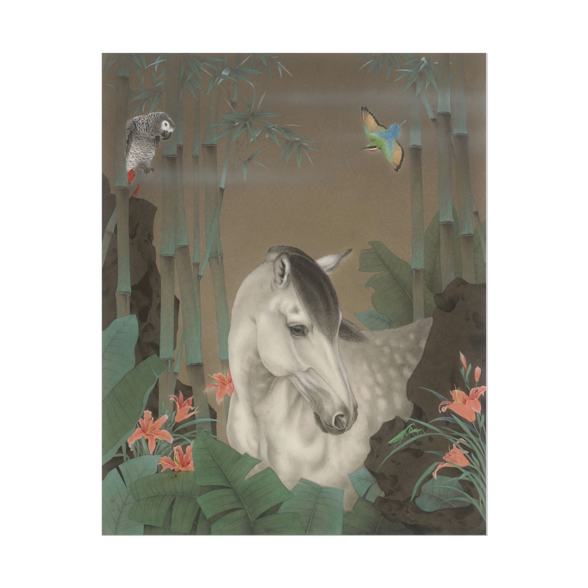 Horse in the Bamboo Forest Art Poster, Cute Animal Decor, Christmas Wall Art, Kids Room Decoration, Gift for Animal Lovers