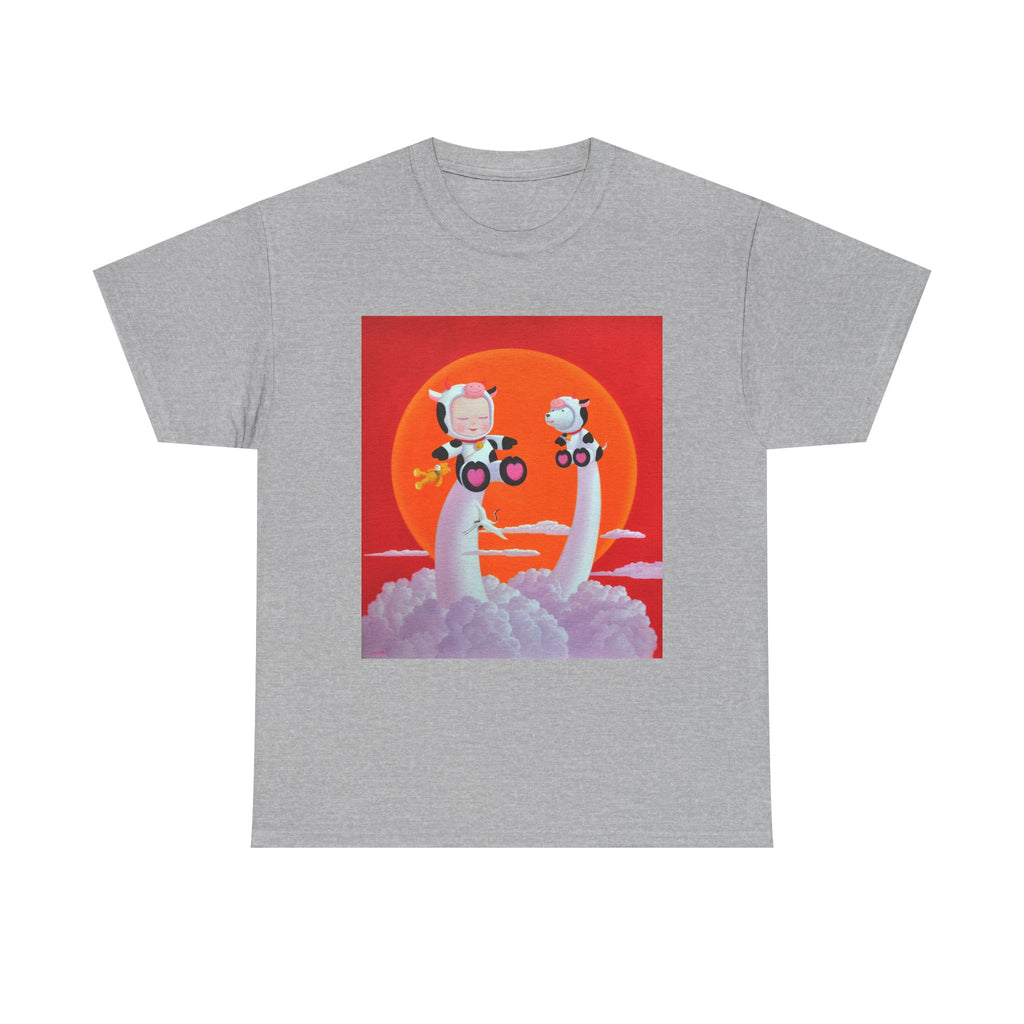 T-Shirt with Little Girl with The Cow, Tropical Art Tee for Nature Lovers, Gift for Adventurers, Casual Everyday Wear, Summer Style