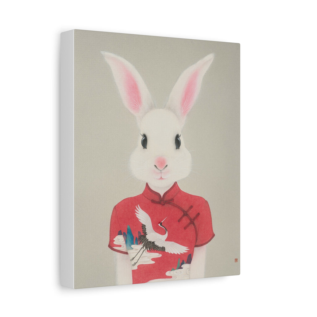 Chinese Qipao Rabbit with butterflies Chinese  Contemporary watercolor painting - Canvas Print