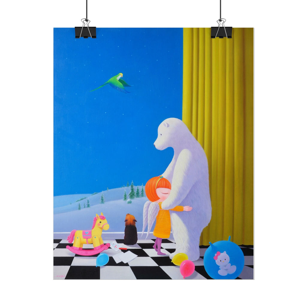 Little Girl with Her Bear Art Poster, Cute Animal Decor, Christmas Wall Art, Kids Room Decoration, Gift for Animal Lovers