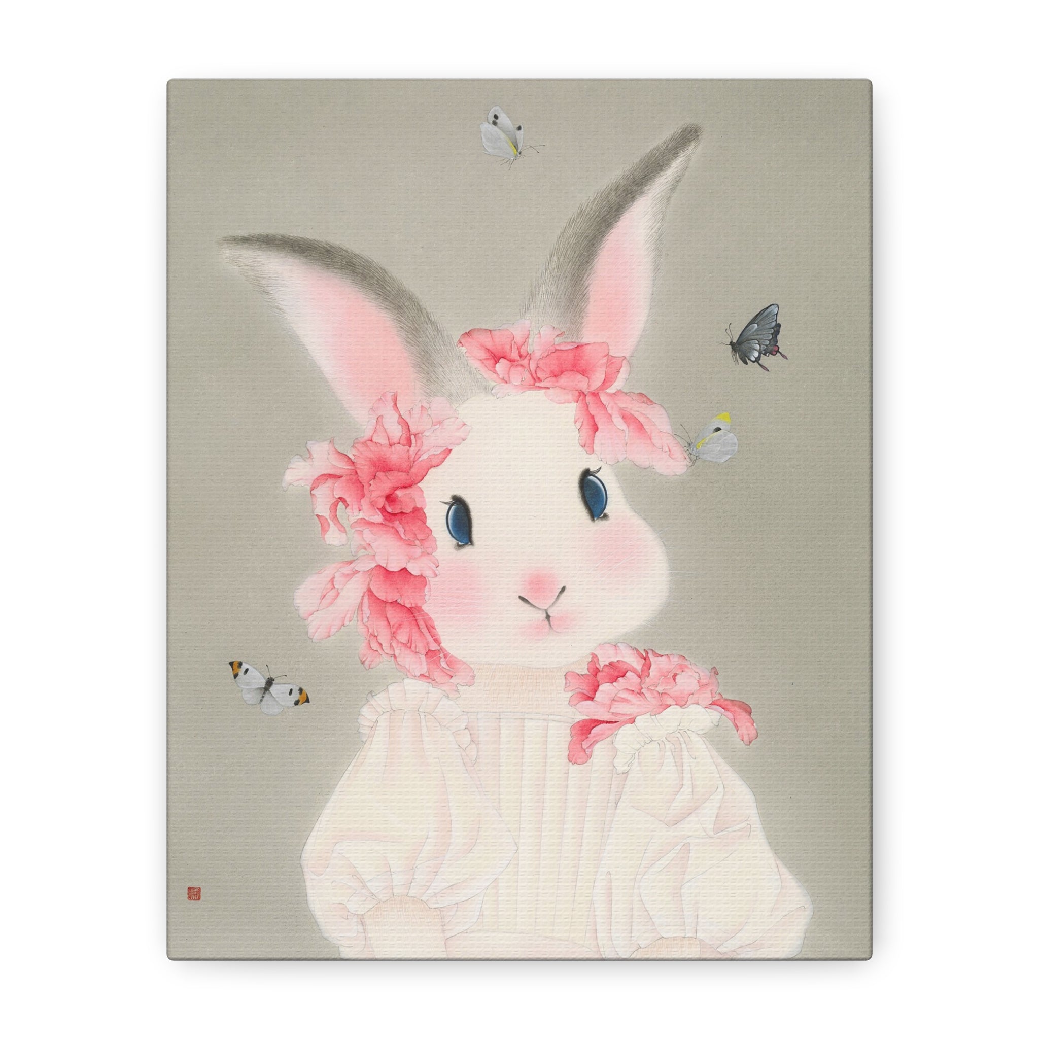 Cute Rabbit with butterflies Chinese  Contemporary watercolor painting - Canvas Print