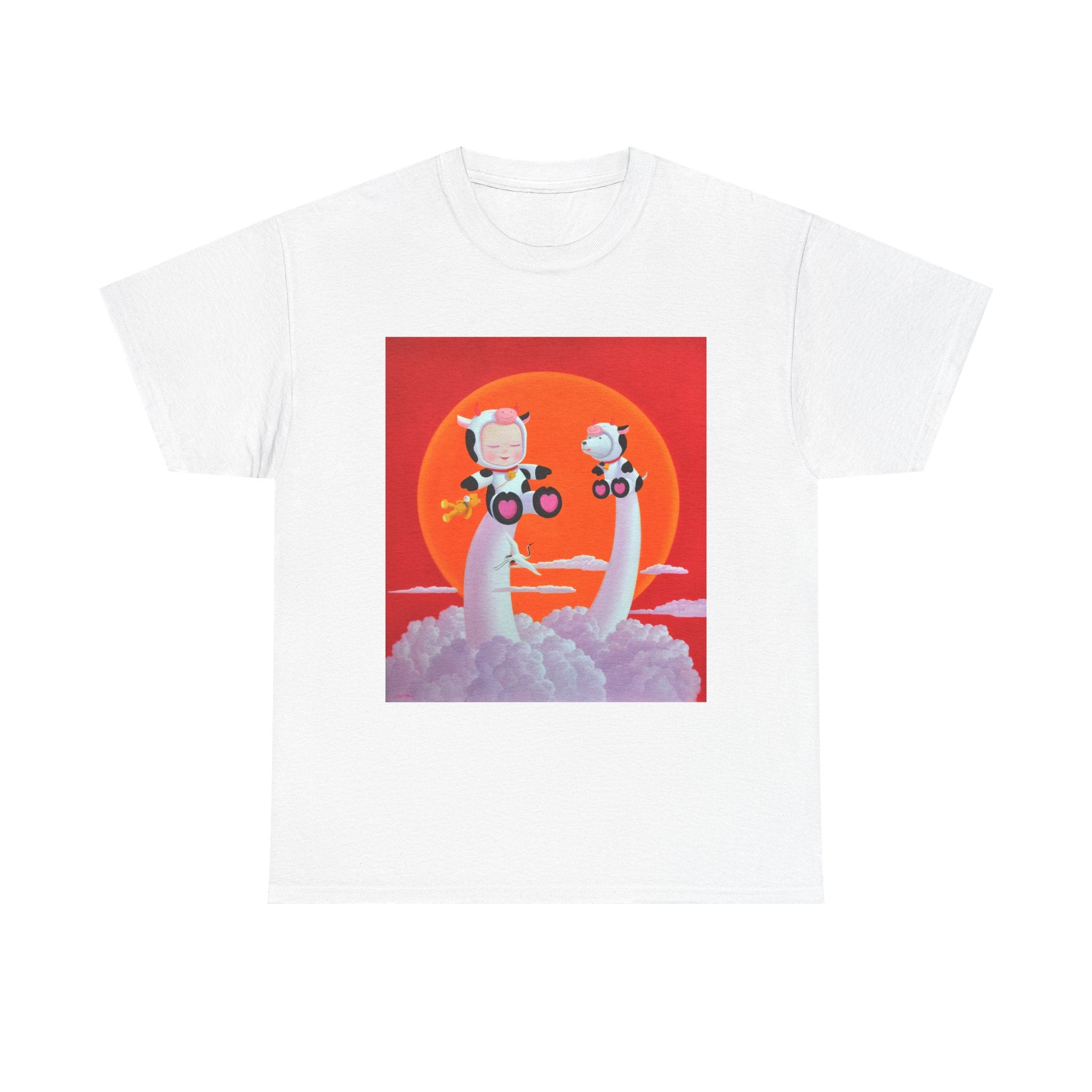 T-Shirt with Little Girl with The Cow, Tropical Art Tee for Nature Lovers, Gift for Adventurers, Casual Everyday Wear, Summer Style