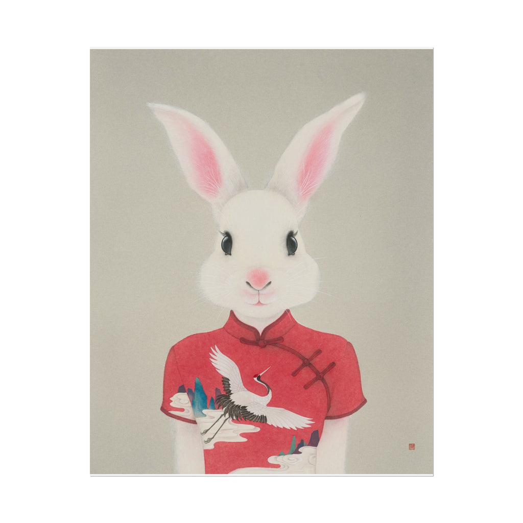 Rabbit with Qipao Art Poster, Cute Animal Decor, Christmas Wall Art, Kids Room Decoration, Gift for Animal Lovers